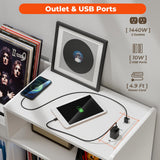 MULEJYBO Large White Record Player Stand with Sliding Door,350 Vinyl Record Storage Cabinet, Record Player Table with Power Outlet and LED Light,Turntable Stand with Wood Legs for Living Room,Office MULEJYBO