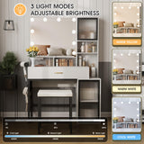 Fameill Vanity with Mirror and Light, Makeup Vanity Desk with 3 Color Lighting, White Vanity with Charging Station and Clothes Hook, Large Vanity Set with Lots Storage, Black Metal Frame Fameill