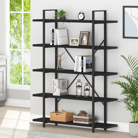 HSH 5 Tier Tall Black Bookshelf, Wood and Metal Storage Book Rack, Industrial Modern Etagere 5 Shelf Bookcase, Large Wide Open Display Book Shelf for Bedroom Living Room Office, Bookshelves Heavy Duty HSH