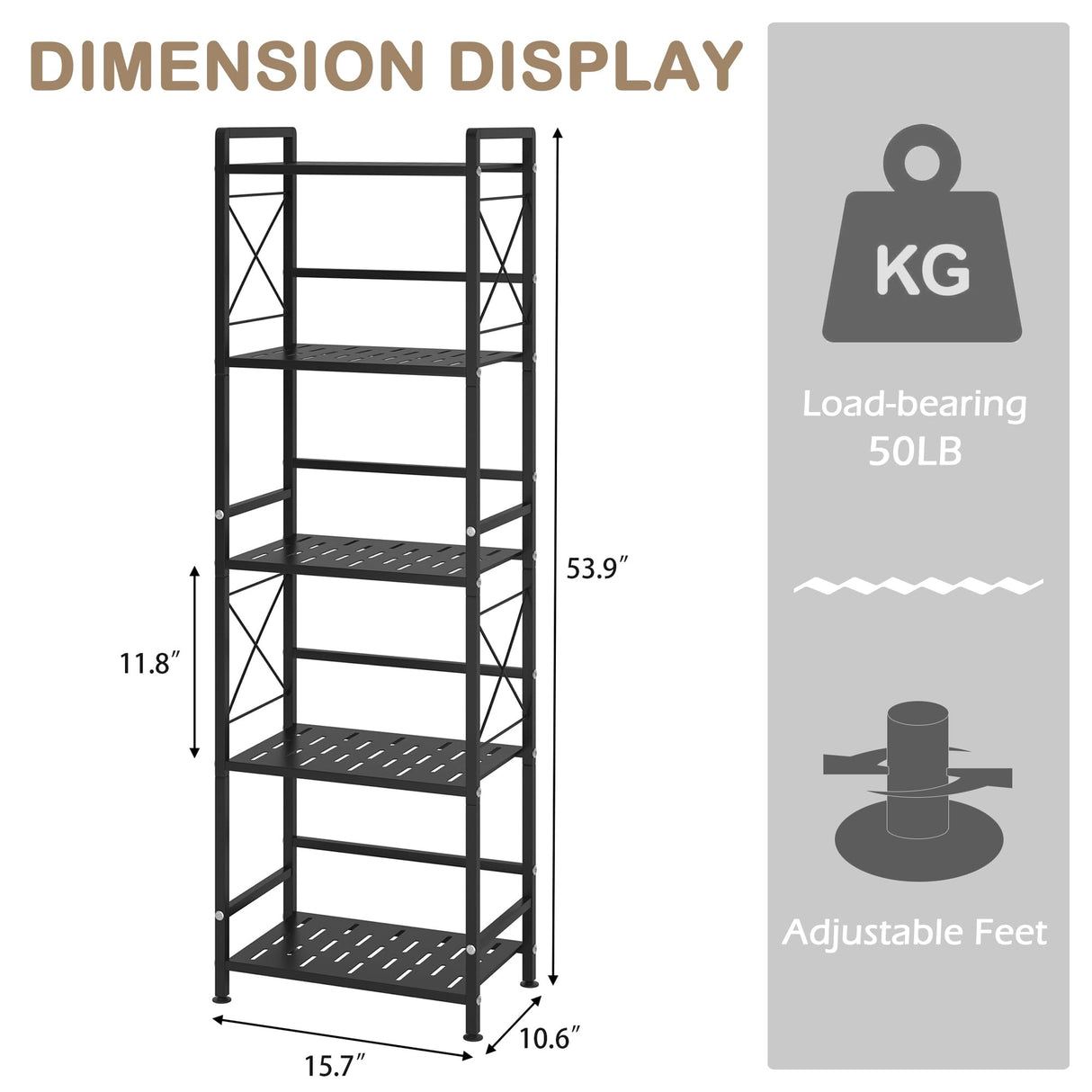 JSB 5 Tier Metal Bookshelf Bathroom Storage Standing Shelf Unit Kitchen Storage Organizer Display Rack Bookcases Shelves for Living Room, Bedroom, Office (Widen Black, 5 Tier) JSB