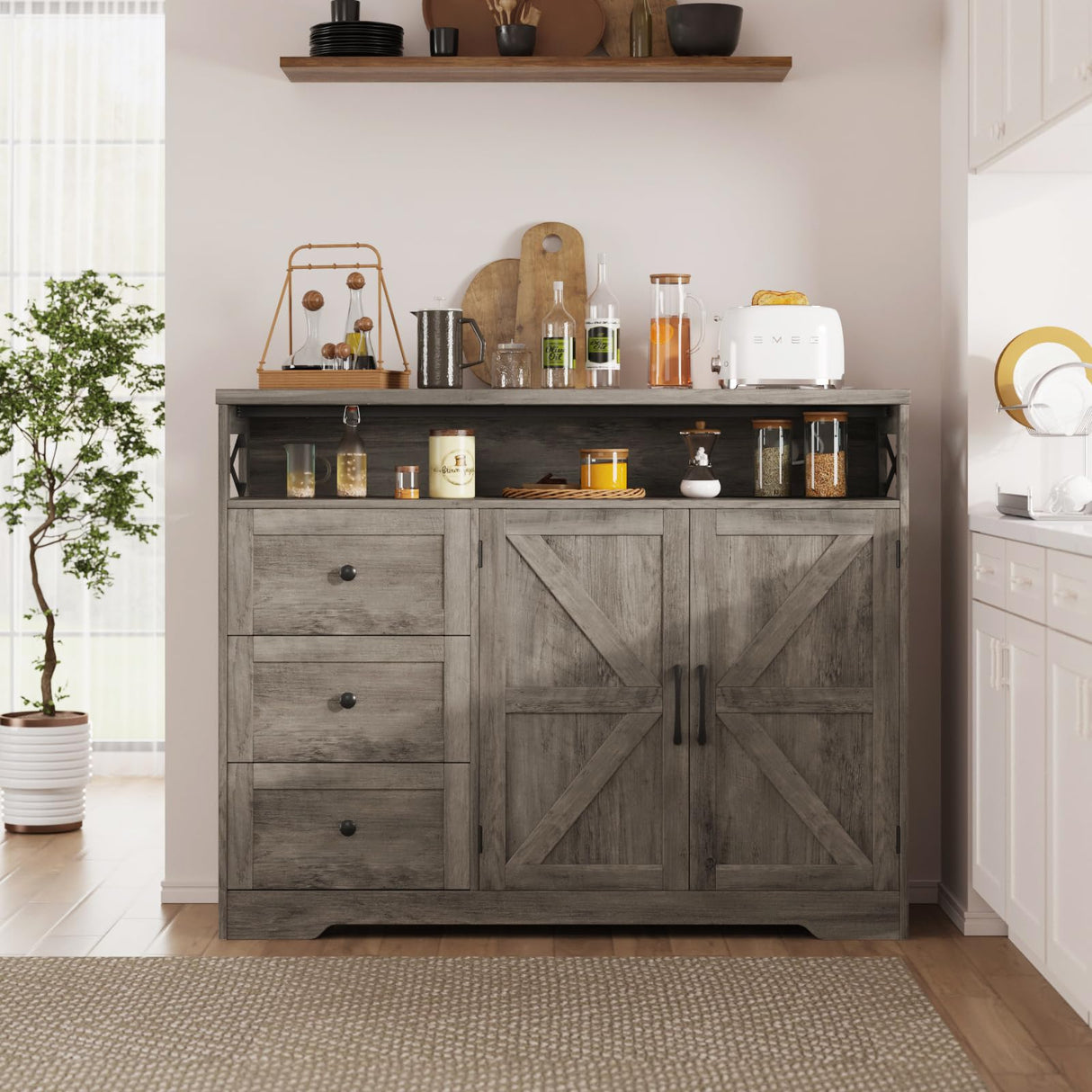 47''W Farmhouse Buffet Sideboard with Charging Station and 3 Drawers, Coffee Bar Cabinet Buffet Cabinet with Shelf, Rustic Accent Cabinet with Storage for Kitchen, Living Dining Room, Rustic Grey Vabches