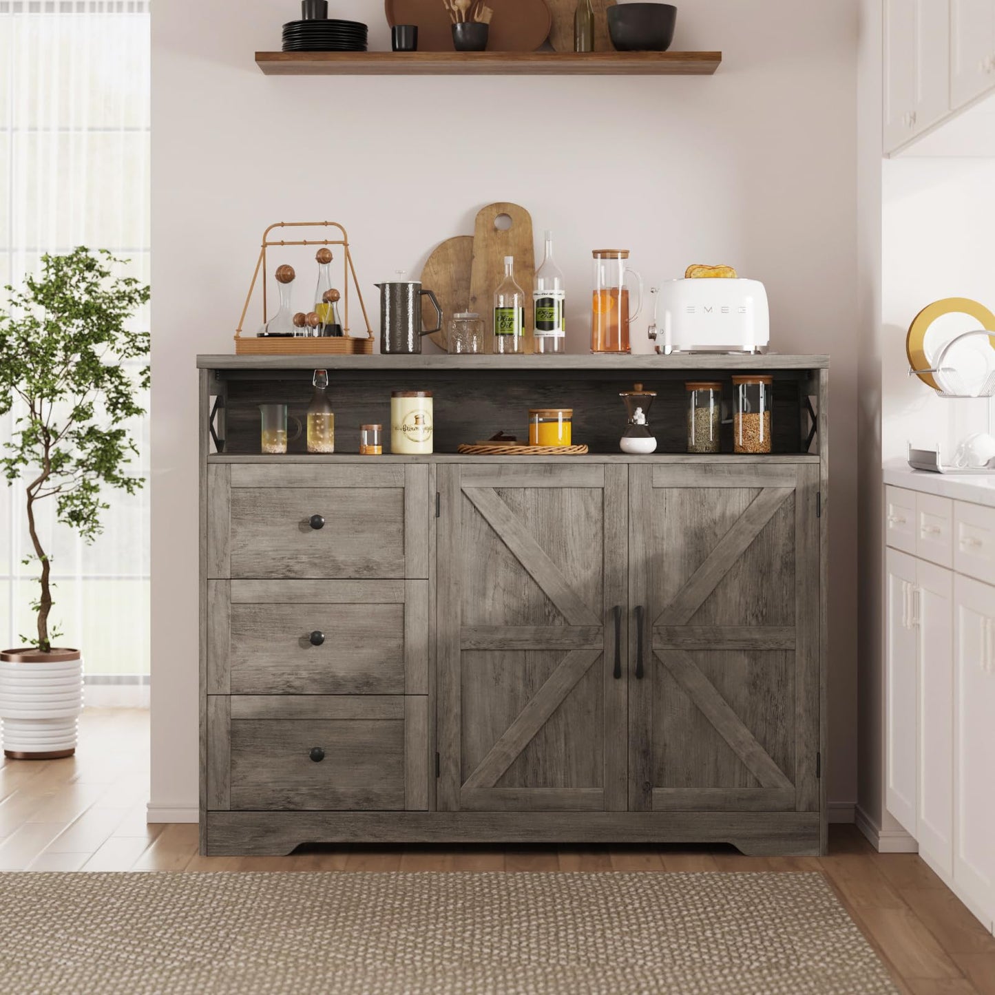 47''W Farmhouse Buffet Sideboard with Charging Station and 3 Drawers, Coffee Bar Cabinet Buffet Cabinet with Shelf, Rustic Accent Cabinet with Storage for Kitchen, Living Dining Room, Rustic Grey