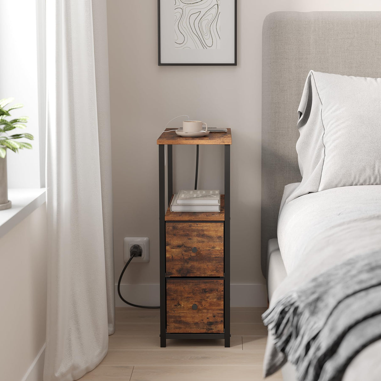 TUTOTAK Small Narrow LED End Table with Charging Station, Side Table Outlets, Nightstand with 2 Cloth Drawers, Set of 2, Couch Table, for Living Room, Bedroom, Bedside, Brown TB01BB056 TUTOTAK