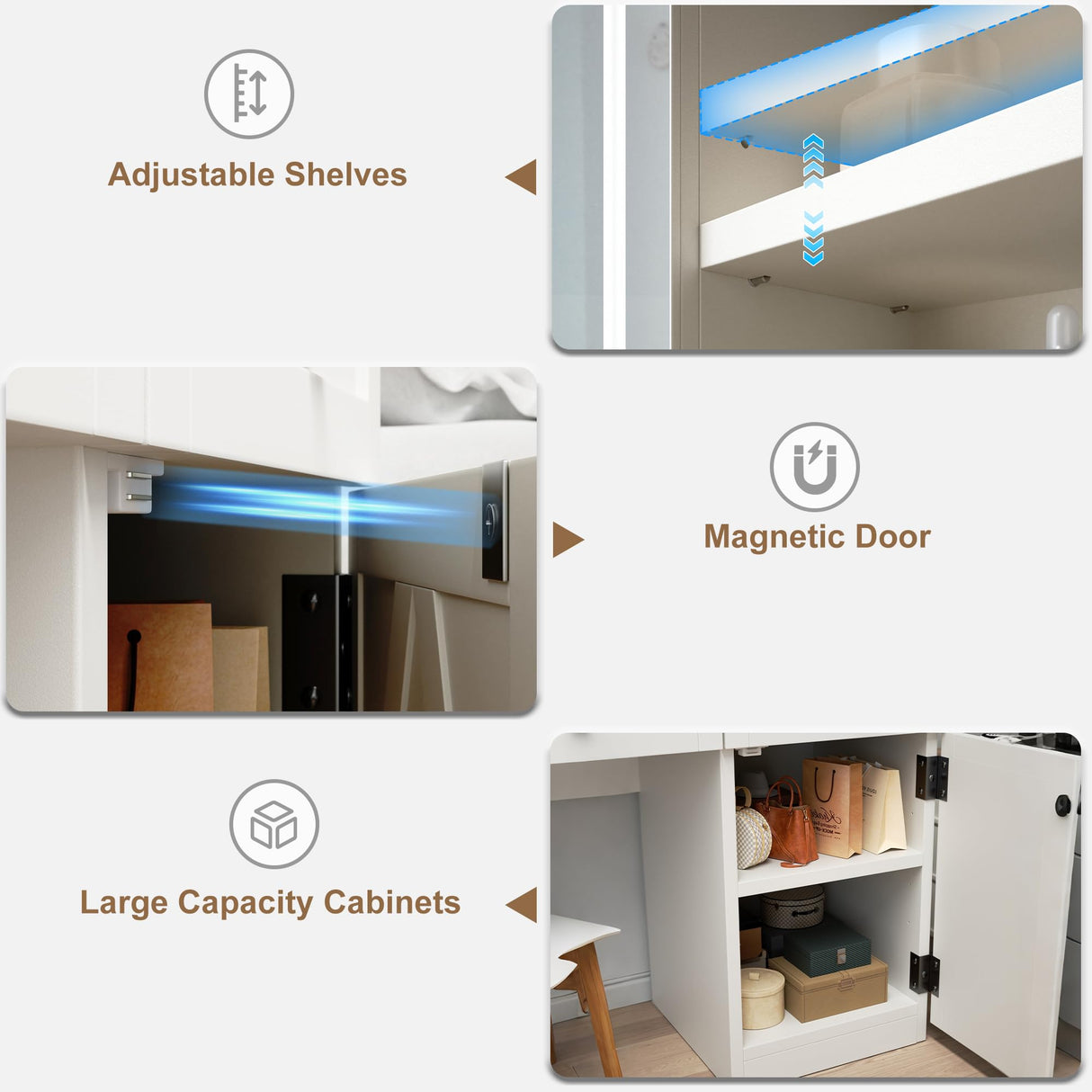 Farmhouse Makeup Vanity Desk with Sliding Mirror and Lights, Glass Desktop Makeup Vanity Desk with Charging Station, 3-Tier Hidden Slide-Out Vanity Shelves, Jewelry Storage Cabinet, 2 Drawers-White Jocoevol