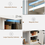 Farmhouse Makeup Vanity Desk with Sliding Mirror and Lights, Glass Desktop Makeup Vanity Desk with Charging Station, 3-Tier Hidden Slide-Out Vanity Shelves, Jewelry Storage Cabinet, 2 Drawers-White Jocoevol