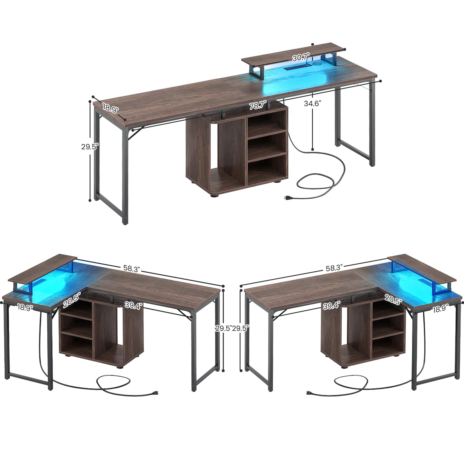 Cyclysio L Shaped Gaming Desk with Wood Cabinet, 58" Large Corner Desk with LED Lights & Power Outlet, Reversible Computer Desk with Monitor Stand, Home Office Desk 2 Person Corner Desk,Rusti - WoodArtSupply