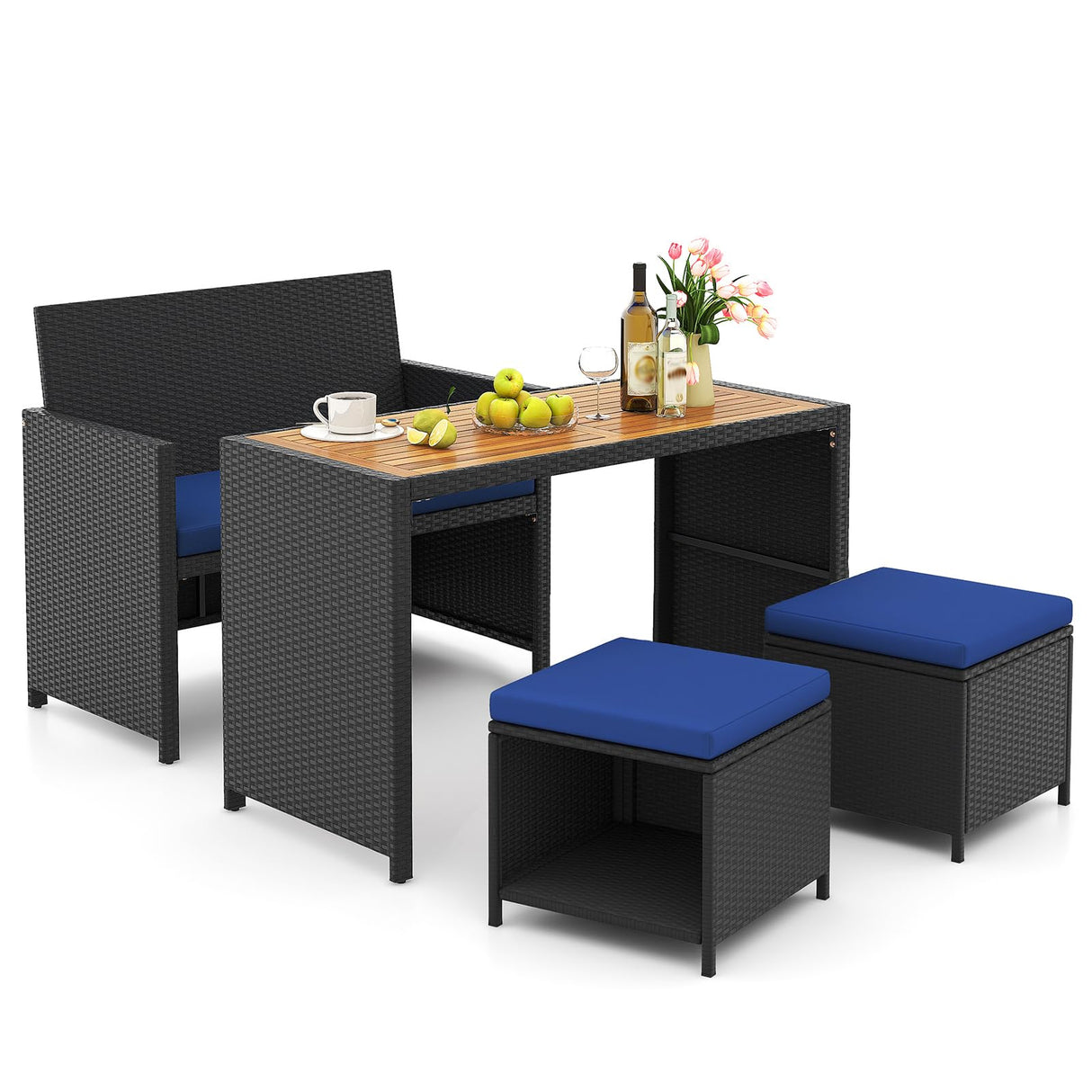 Tangkula 4 Pieces Patio Dining Set, Space Saving PE Rattan Loveseat with Acacia Wood Top Dining Table, Storage Ottomans & Soft Cushions, Outdoor Sectional Conversation Set (Navy Blue) Tangkula