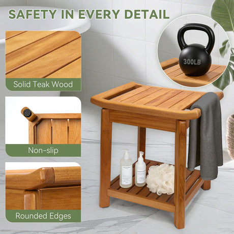 17" Teak Shower Chair with Storage Shelf & Handle, Non-Slip Waterproof Wooden Shower Bench, Stable Bathroom Seat and Heavy Duty Shower Stool for Tub or Indoor Use, Ideal for Elderly, Recovery ACTESE