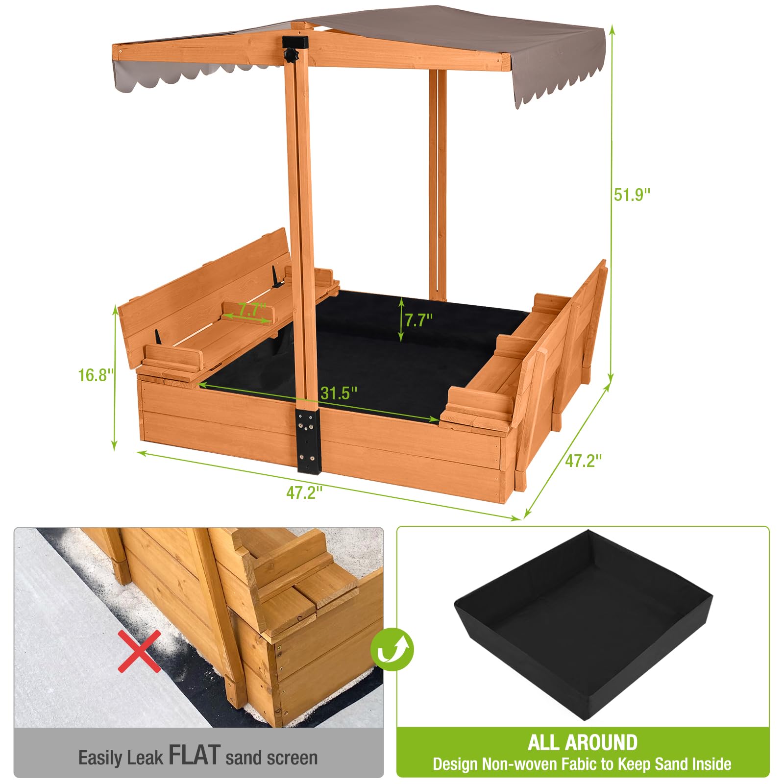 Kids Wooden Outdoor Sandbox w/Canopy, 2 Foldable Bench Seats, Retractable Roof Sand Protection Liner 47x47-Inch - WoodArtSupply