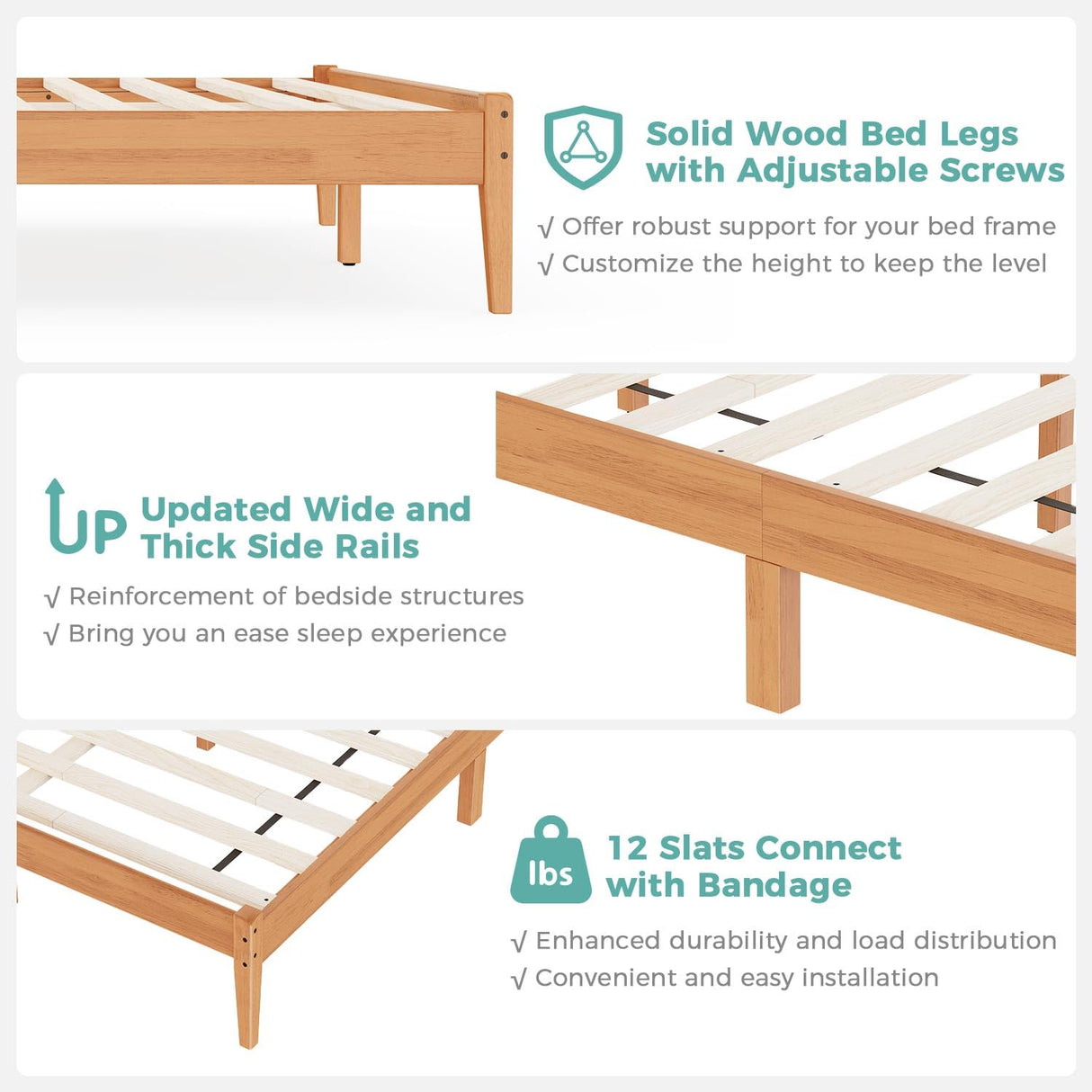 MORDEER Solid Wood Queen Bed Frame, Malaysian Oak Platform Bed with Ladder Headboard, Modern Bedframe with Elevated Bed Legs, No Box Spring Needed, Noise-Free, Queen Size, Rustic Pine MORDEER