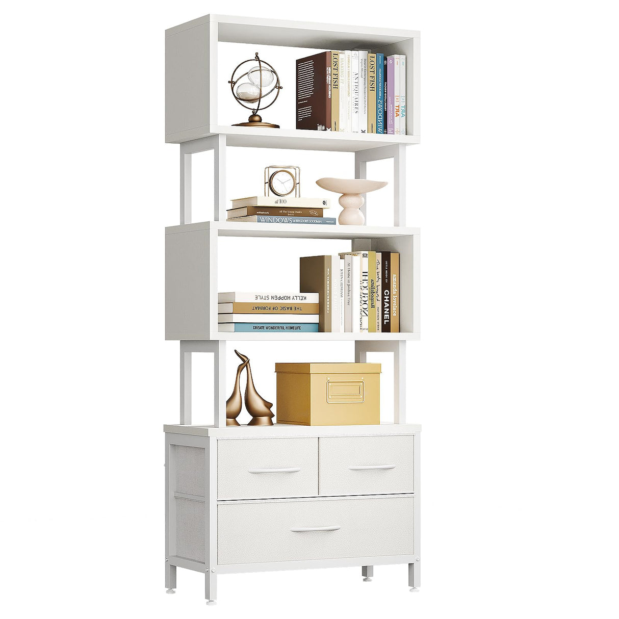 Casaottima 7 Tier Bookshelf, Tall Geometric Bookcase with Fabric Drawers, Modern Display Book Shelves Book Case for Living Room Bedroom, Wood Decorative Standing Shelving Unit for Home Office, White Casaottima