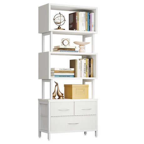 Casaottima 7 Tier Bookshelf, Tall Geometric Bookcase with Fabric Drawers, Modern Display Book Shelves Book Case for Living Room Bedroom, Wood Decorative Standing Shelving Unit for Home Office, White Casaottima
