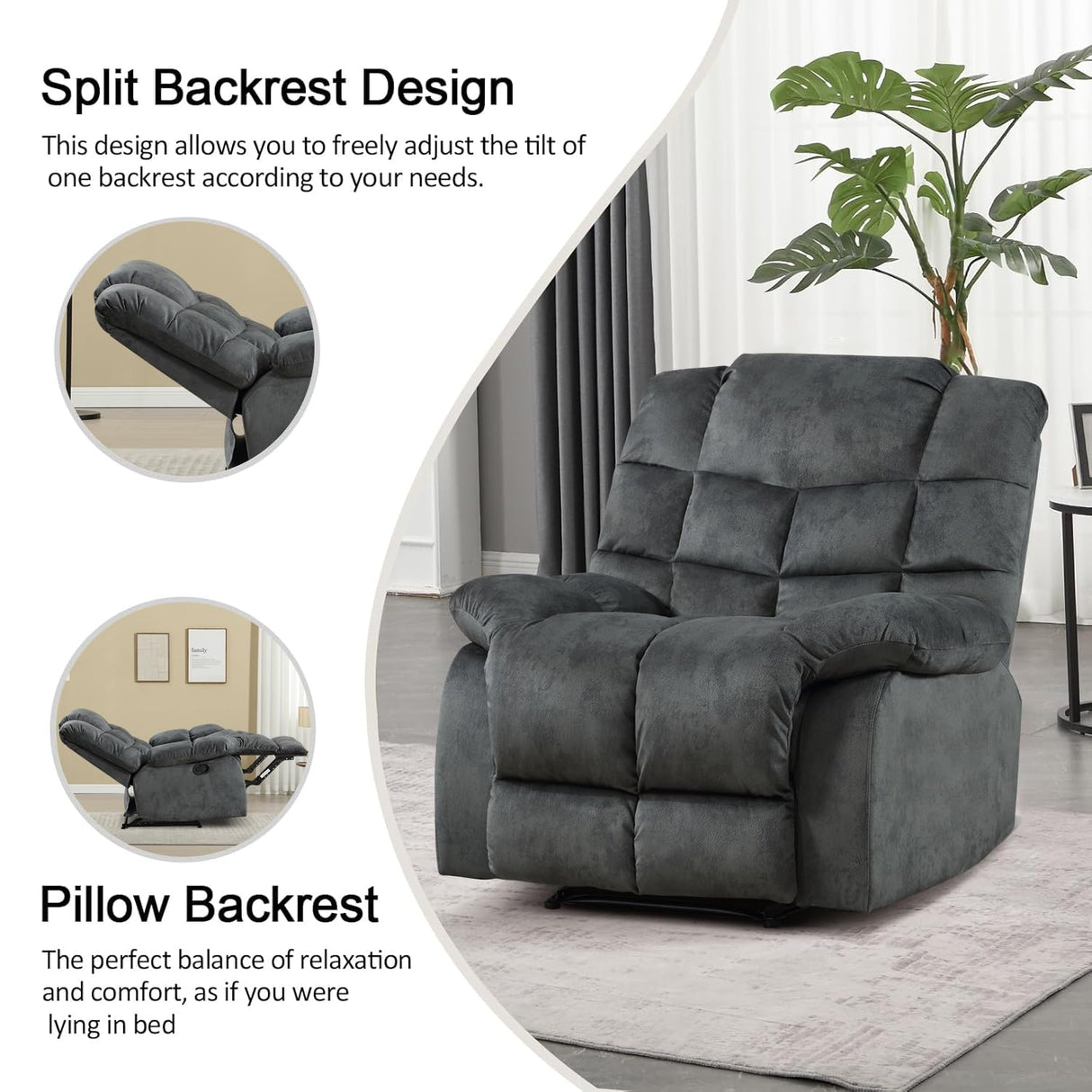 CANMOV Manual Recliner Chair, Single Reclining Sofa with Overstuffed Backrest and Armrest for Living Room, Bedroom Furniture, Grey CANMOV