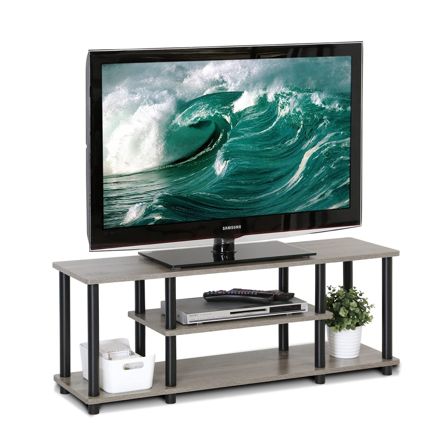 Furinno Turn-N-Tube No Tools 3D 3-Tier Entertainment TV Stand up to 50 inch TV, Round Tubes, French Oak Grey/Black