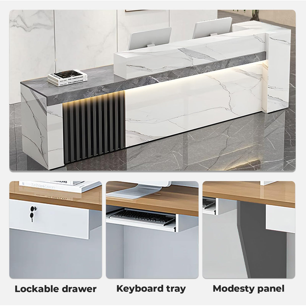 Nuipesn Reception Desk, Front Desk Reception Counter with Shelf & Lockable Drawers,Reception Table with Private Panels for Office,Beauty Salon (Gray Grain + White/Right, 59" L*24" W*39" H) Nuipesn