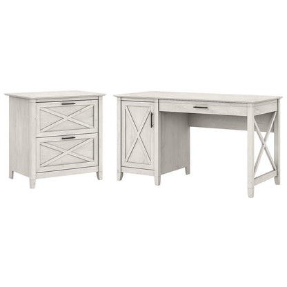 Bush Furniture Key West 54W Computer Desk with Storage and 2 Drawer Lateral File Cabinet in Linen White Oak - WoodArtSupply