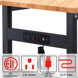 48" Adjustable Workbench, Rubber Wood Top Heavy-Duty Workstation, 2000 LBS Load Capacity Hardwood Worktable with Power Outlets for Garage, Workshop, Office, Home HONRISE