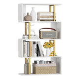 Yusong Geometric Bookcase, S Shaped Bookshelf 4-Tier Book Shelves for Bedroom, Modern Wood Decorative Display Shelf Tall Book Case for Home Office, Gold and White Yusong