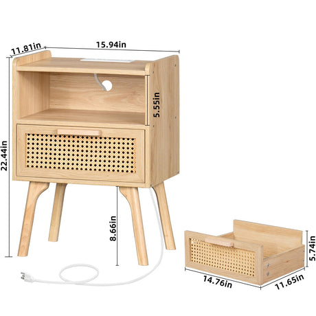 Lerliuo Rattan Nightstand with Charging Station, Boho Side Table with Drawer Open Shelf, Cane Accent Bedside End Table with Solid Wood Legs for Bedroom, Dorm and Small Spaces Lerliuo