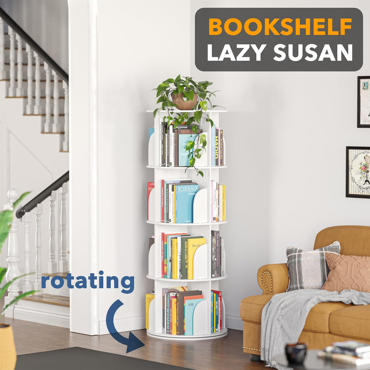 SpaceAid 4-Tier White Rotating Bookshelf Tower - Spinning Lazy Susan Bookcase Organizer SpaceAid