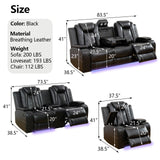 JBXBER Power Recliner Sofa Set with LED Lights, Power Reclining Sofa Set with Cup Holder, Storage Console, Faux Leather Couch for Home Theater Seating(Sofa, Loveseat and Chair,Black) JBXBER