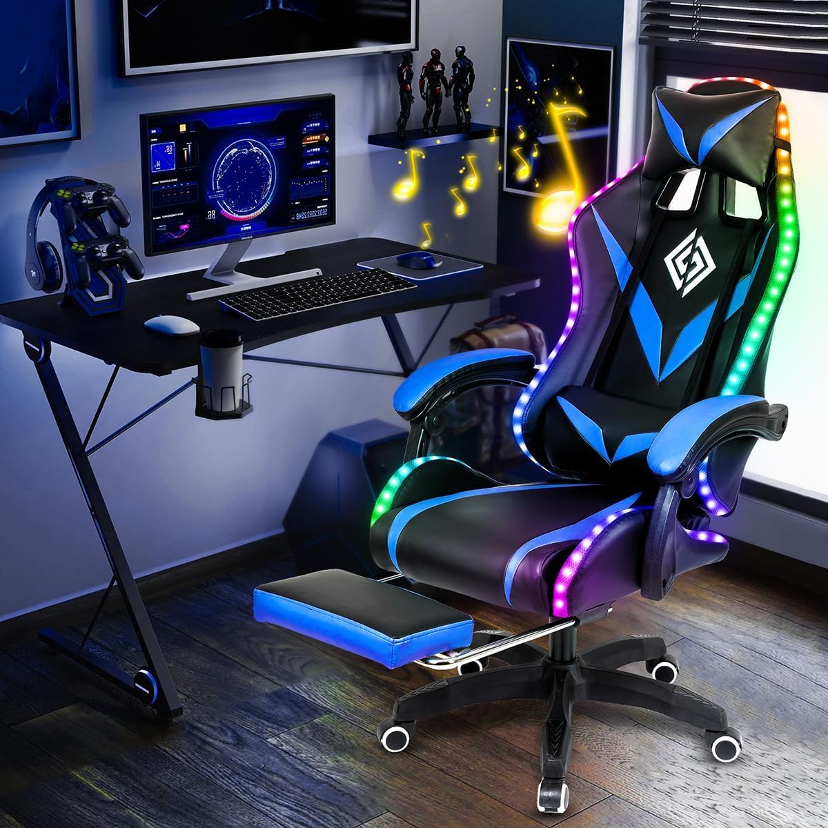 HOFFREE RGB Gaming Chair with Speakers and Massage Ergonomic Computer Chair with Lights and Footrest Reclining Video Game Chairs for Adults Blue and Black HOFFREE