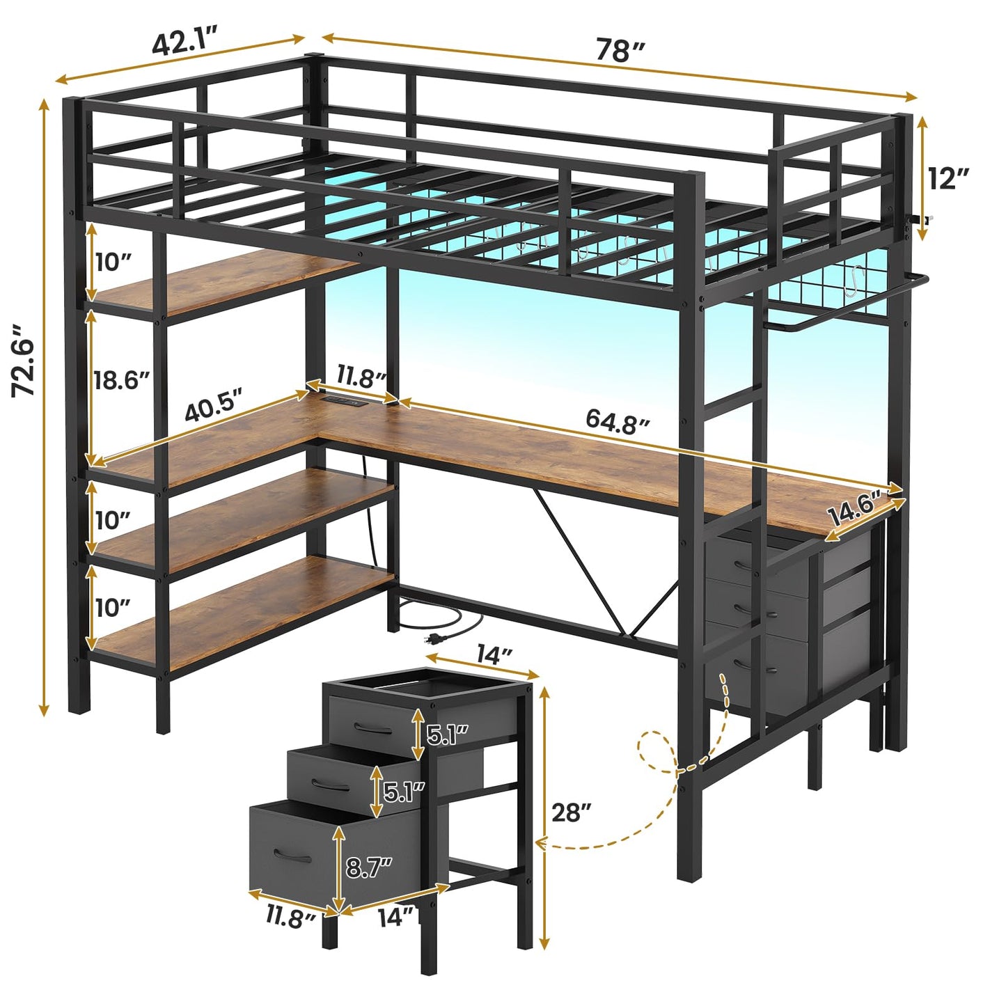 VIAGDO Loft Bed Twin Size with L-Shaped Desk, Charging Station and LED Lights, Twin Loft Bed with 4-Tier Bookshelf and 3 Drawers, Clothes Rail, Safety Guardrail&Ladder, No Box Spring Needed, Black