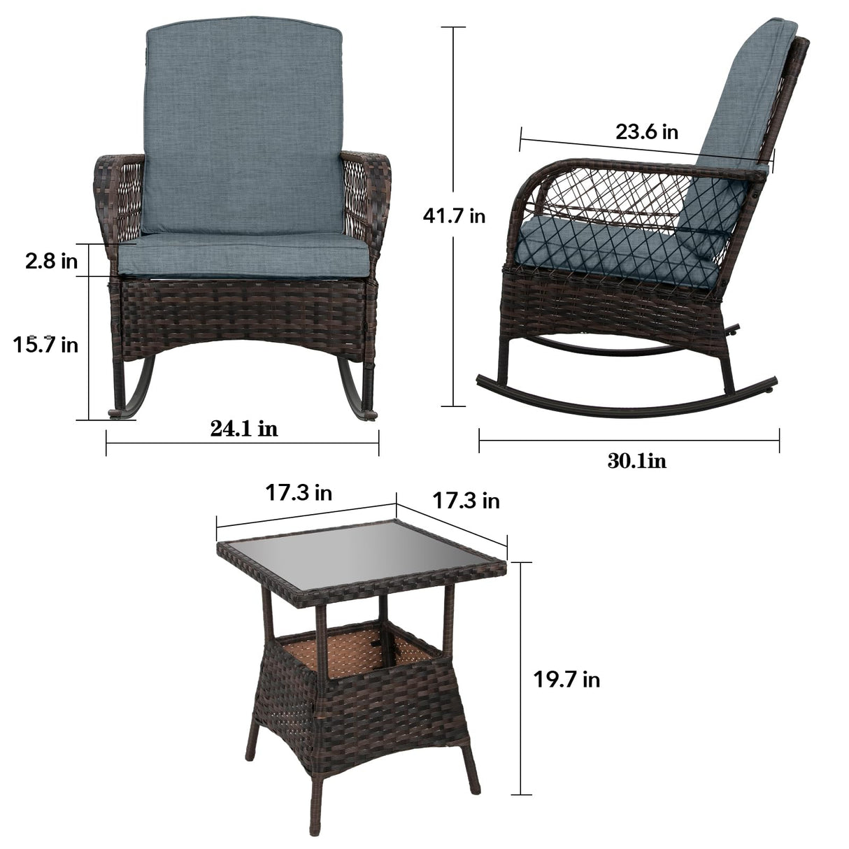 LEVELEVE 3 pcs Rocking Bistro Set Conversation Chairs PE Wicker Outdoor Rocking Chairs (Grey) LEVELEVE