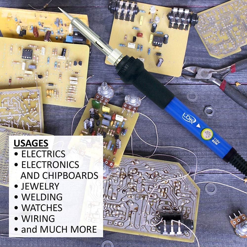 LDK Soldering Iron Kit, Electric Soldering Gun Welding Tools with ON/OFF Switch, Solder Wire, Flux Paste, Soldering Iron Stand, Sponge, 5pcs Tips [110V US Plug] LDK