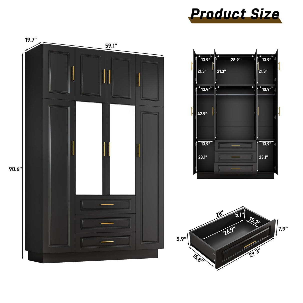Hlivelood Large Armoire Wardrobe Closet Cabinet with Drawers and LED Lights, Multi-Tier Shelves, Hanging Rod, Large Capacity Storage 4 Door Wardrobe Armoire with Top Cabinet for Bedroom, Black Hlivelood