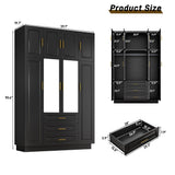 Hlivelood Large Armoire Wardrobe Closet Cabinet with Drawers and LED Lights, Multi-Tier Shelves, Hanging Rod, Large Capacity Storage 4 Door Wardrobe Armoire with Top Cabinet for Bedroom, Black Hlivelood