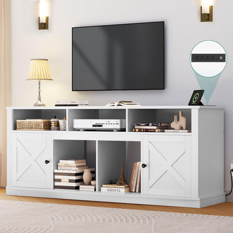 YITAHOME Farmhouse TV Stand for TVS up to 80 Inch, Modern TV Console with Barn Doors & Storage Cabinets, Entertainment Center with Power Outlet, TV Cabinet for Living Room, 70" White YITAHOME