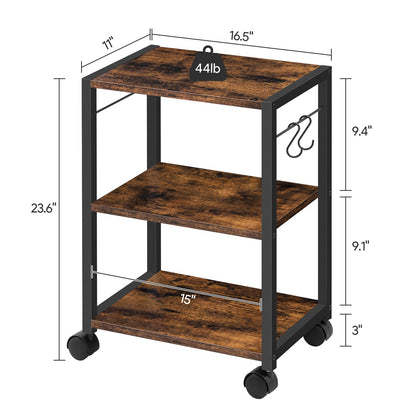 MAHANCRIS Printer Stand, 3-Tier Under Desk Printer Cart with Storage Shelf, Heavy Duty Printer Table with Wheels for Home and Office, Printer Shelf with 2 Hooks, Small Spaces, Rustic Brown PTHR4001Z