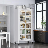 Runboll Kitchen Pantry Storage Cabinet, 6 Tier Metal Sideboard with Wheels and Acrylic Glass Door, Modern Display Curio Cabinet Bookcase White Runboll