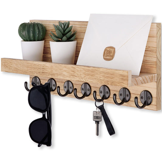 Lwenki Key Holder Wall Mount, Entryway Key and Mail Holder with 7 Sturdy Hooks for Sunglasses, Dog Leash, Decorative Wall Shelf with Mounting Hardware, 15”W x 6.7”H x 4.2”D (Wood)