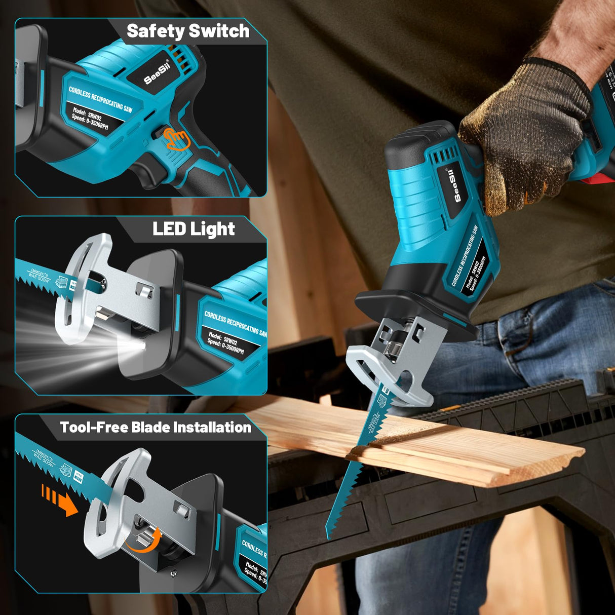 Seesii Reciprocating Saw Cordless, 3500 RPM Brushless Motor with 2 x 4.0Ah Batteries, LED Light, 8 Saw Blades Portable for Wood PVC Cutting (Blue) Seesii