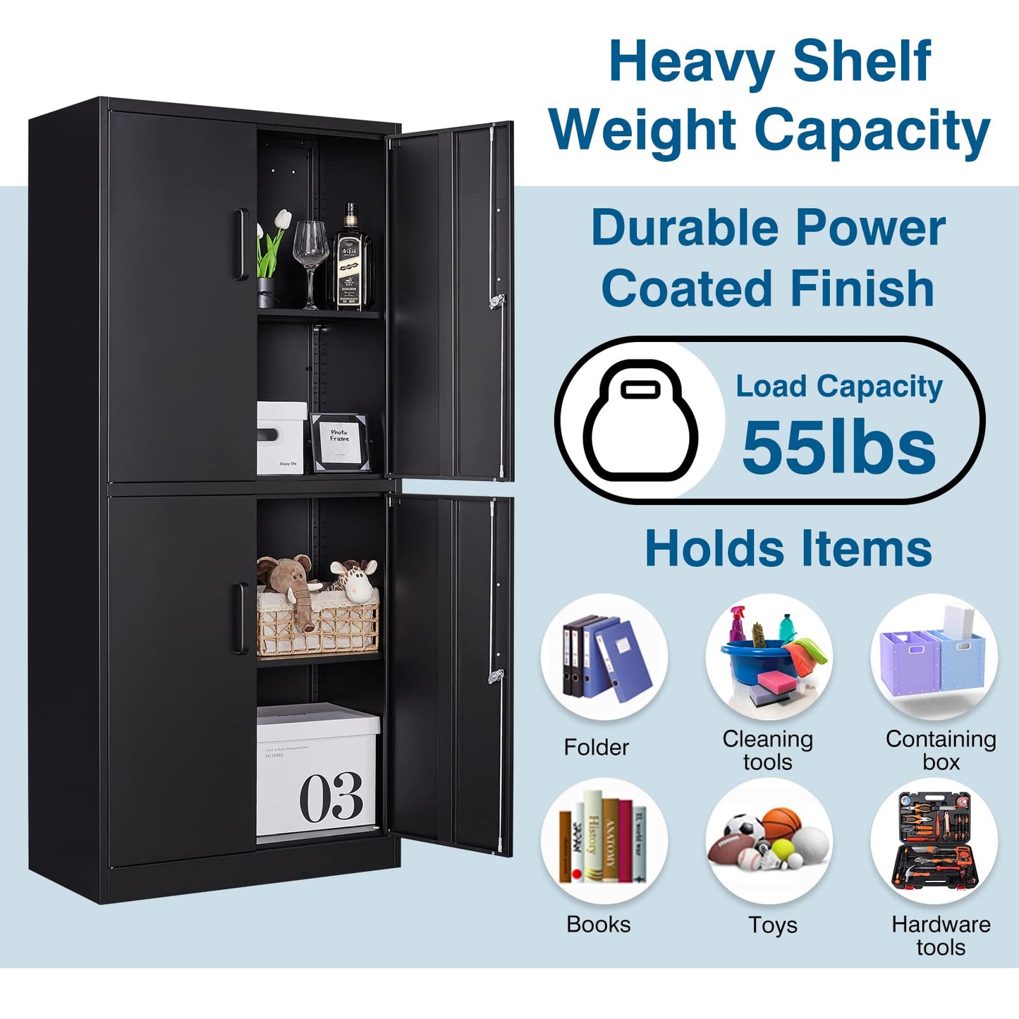 PEUKC Metal Storage Cabinet with Lock, 71" Tall Steel File Locker with 2 Adjustable Shelves and 4 Doors, Tall Cabinet for Office, Garage, Home, - WoodArtSupply