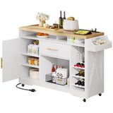 YITAHOME Large Kitchen Island with Power Outlet, Rolling Kitche Cart with Wine Rack, Mobile Storage Islands with Spice Rack Glass Holder, Island Table on Wheels for Living Room, 50 Inch Wide, White YITAHOME