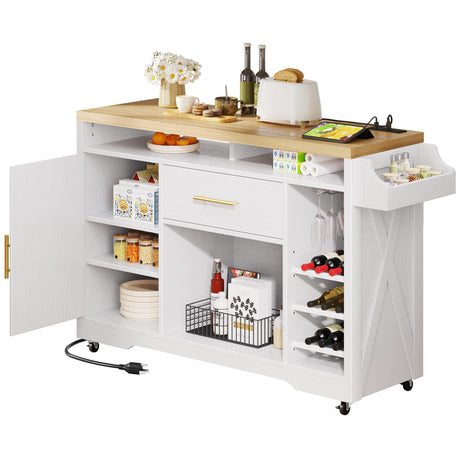 YITAHOME Large Kitchen Island with Power Outlet, Rolling Kitche Cart with Wine Rack, Mobile Storage Islands with Spice Rack Glass Holder, Island Table on Wheels for Living Room, 50 Inch Wide, White YITAHOME