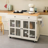 UNDUSLUY Rolling Kitchen Island with Storage on Wheels, 37.4" Island Table for Kitchen with 2 Drawers, Adjustable Shelves, Towel & Spice Racks, Solid Pine Top - Warm Beige UNDUSLUY