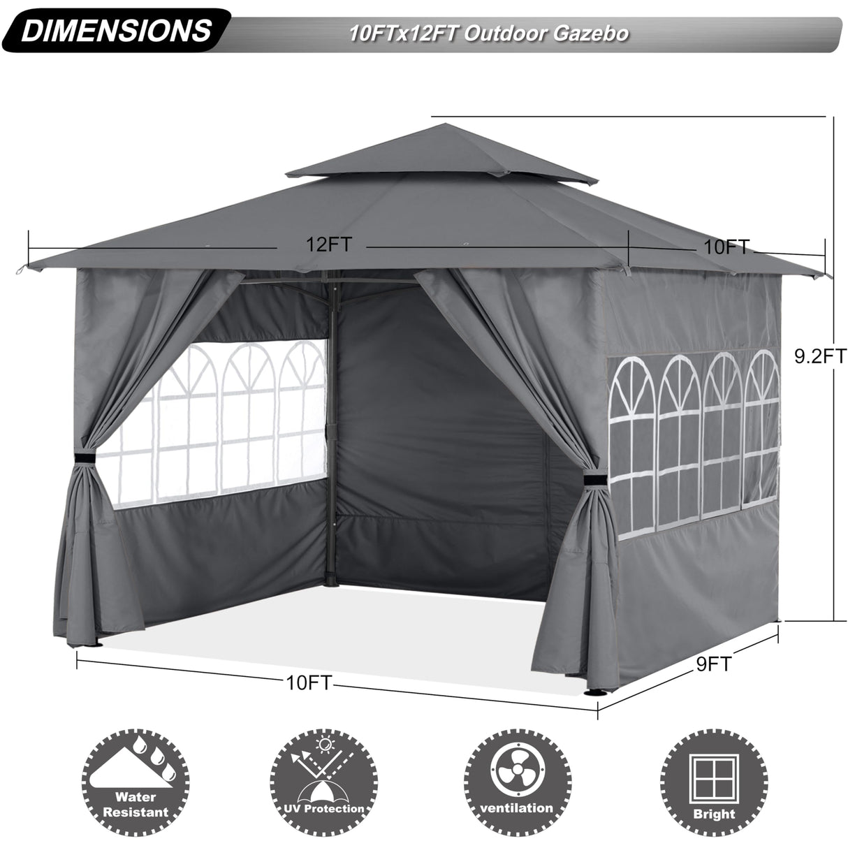 ABCCANOPY 10x12 Outdoor Gazebo - Patio Screened Gazebo with Curtains and Windows for Deck, Lawn and Backyard (Dark Gray) ABCCANOPY