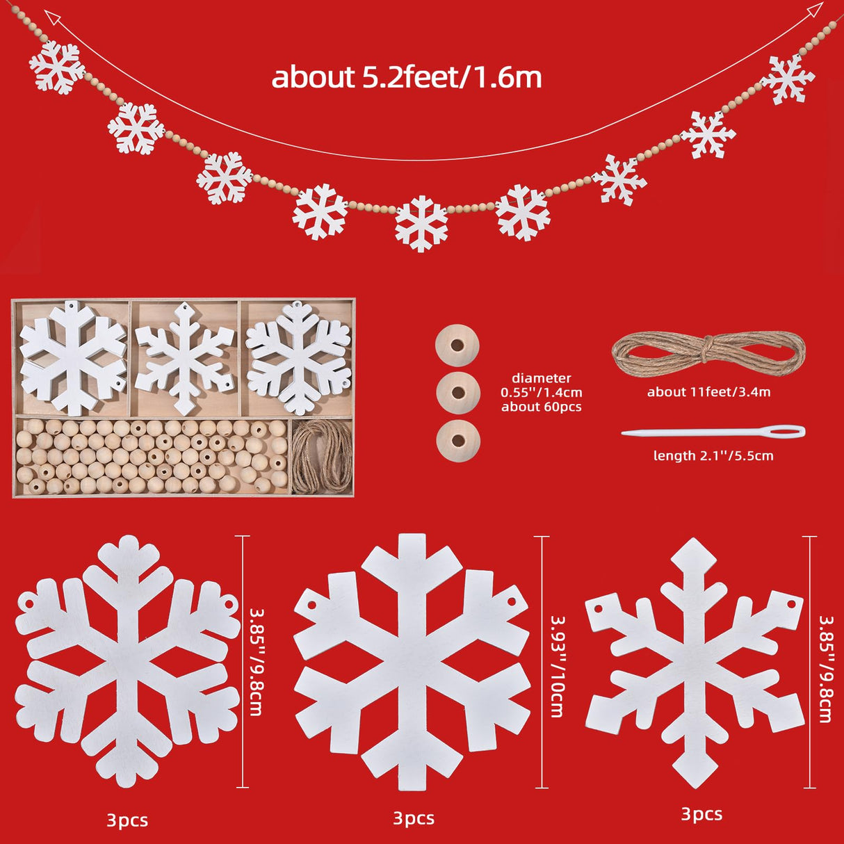 Wooden Christmas Decorations Garland with Snowflakes, Boho Christmas Decor Rustic Wood Garland, DIY Wooden Bead Xmas Garland Decor Winter Banner Decor for Tree Mantle Fireplace Wall (White) IDATOO