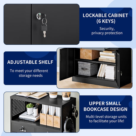 Yizosh Locking Cabinet with 2 Drawers, Metal Storage Cabinet with Locking Doors and Shelves - 41.3" Steel Lockable Storage Cabinet, Metal Cabinet for Home Office, Garage, School (Black) Yizosh