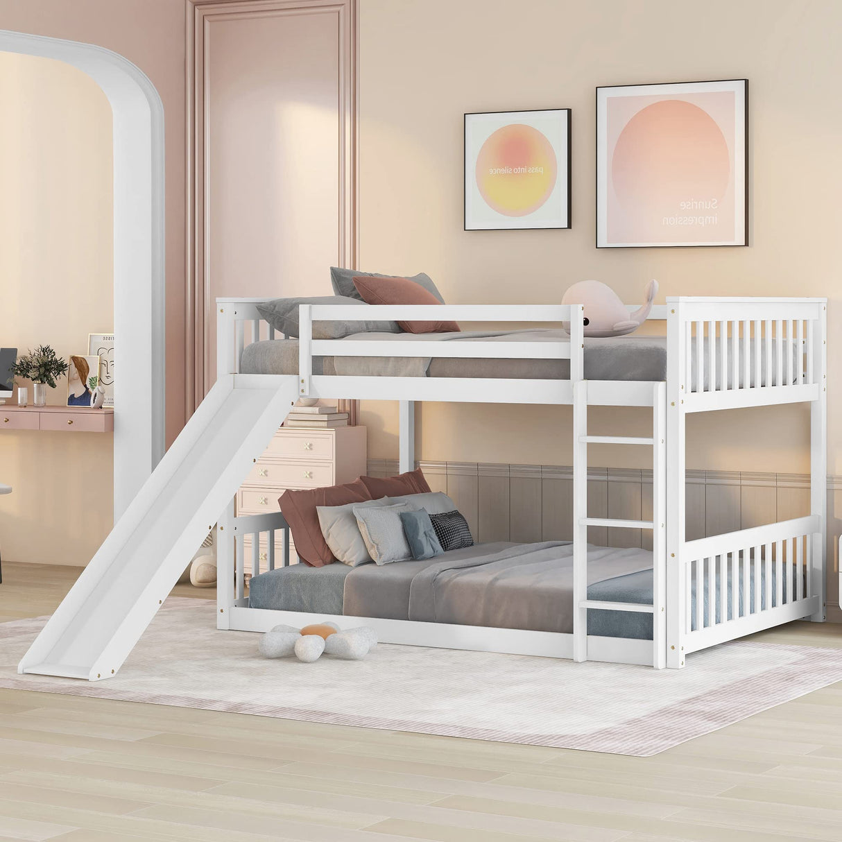Bellemave Full Over Full Bunk Bed with Slide and Ladder, Low Bunk Bed for Kids, Girls, Boys, Floor bunk beds, White Bellemave