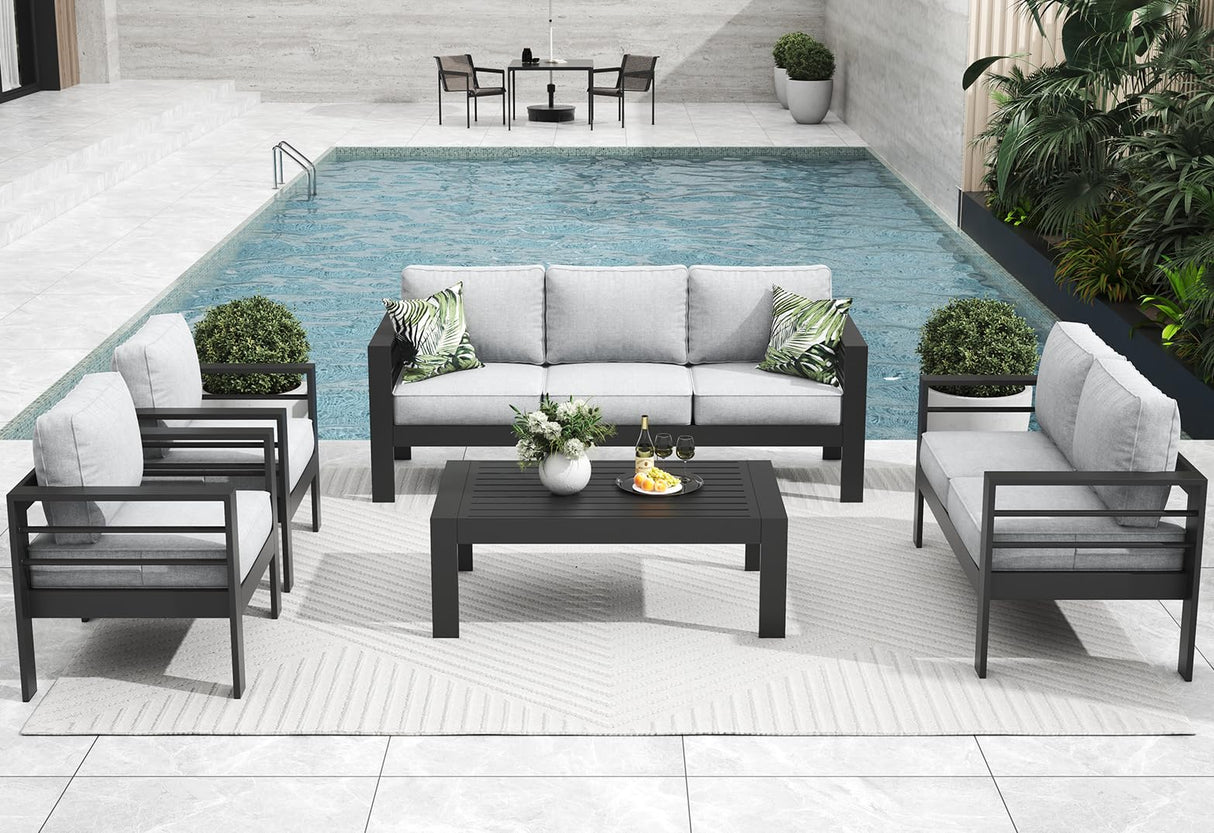 Vakollia 5 Pieces Modern Aluminum Patio Furniture Set, Outdoor Conversation Sets Metal Sectional Sofa with Coffee Table Vakollia