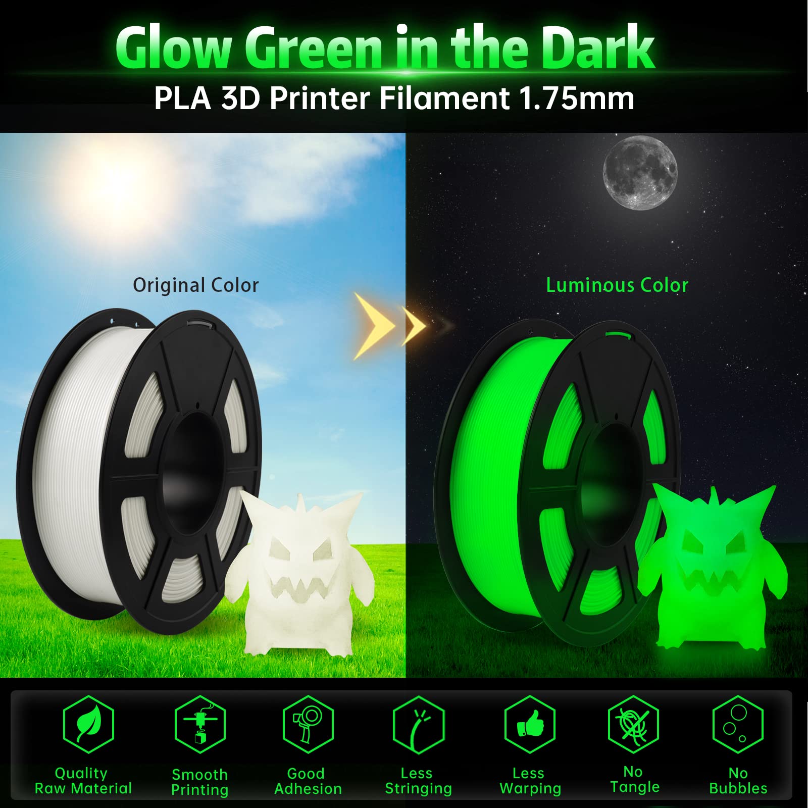 SUNLU Glow in The Dark PLA Filament, Neatly Wound Luminous PLA 3D Printer Filament 1.75mm Dimensional Accuracy +/- 0.02mm, Fit Most FDM 3D Printers, 1kg Spool (2.2lbs), (White PLA, Glow Green - WoodArtSupply