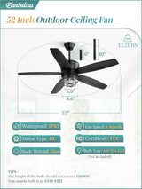 Fanbulous 52" Outdoor Ceiling Fans with Lights and Remote Control,IP65 Wet Rated Waterproof Ceiling Fan with 6-Speed DC Motor, Farmhouse Gazebo Fan for Porch Patios Pavilion Fanbulous