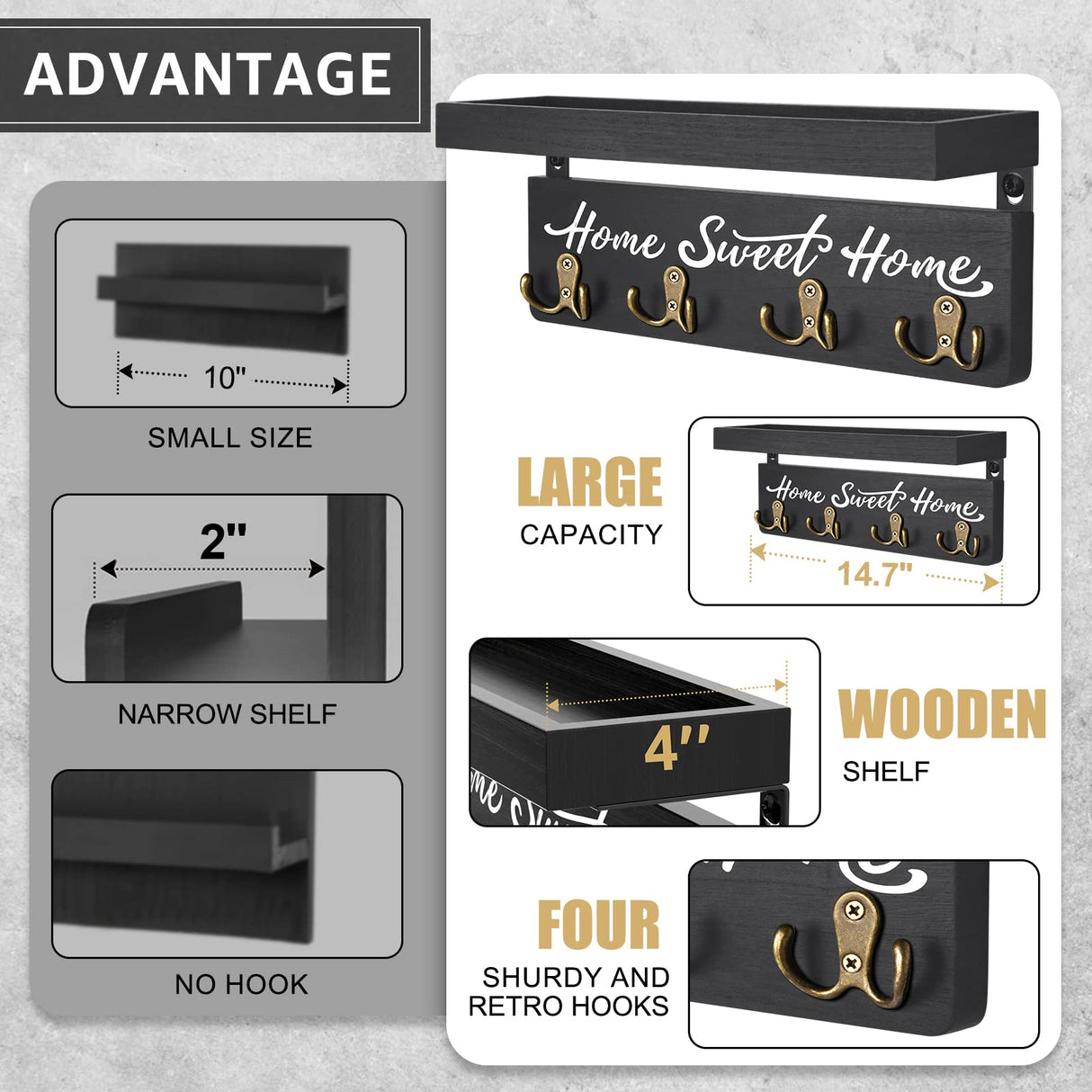 buways Key Holder for Wall Decorative, Rustic Wooden Key Hanger for Wall with 4 Double Key Hooks, Farmhouse Key Holder Rack and Mail and Key Organizer for Home Entryway Decor(Black) buways