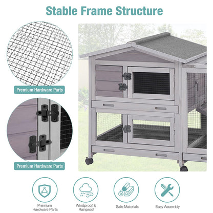 Suumerpety Rabbit Cage,Indoor Rabbit Hutch with Matel Frame and Pull Out Tray,Rabbit Hutch Chicken Coop with Run (Grey)