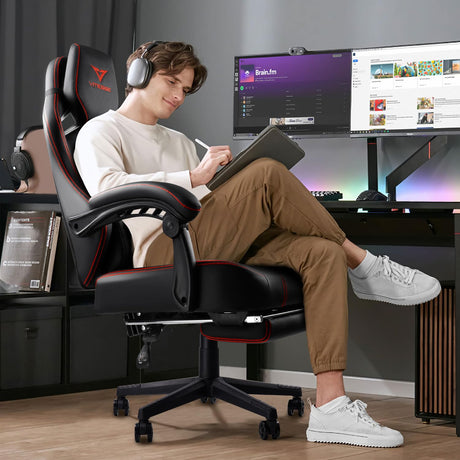 VITESSE Big and Tall Gaming Chair 400lb Weight Capacity with Footrest, Ergonomic Video Game Chair for Adults with Oversized Headrest and Lumbar Pillow, Computer Chair Gaming for Office (Black+Red) VITESSE